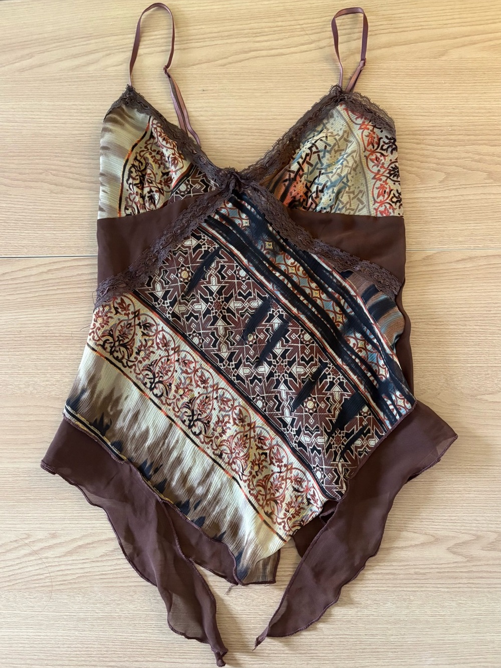 Women’s Brown Printed Handkerchief Hem Cami Top